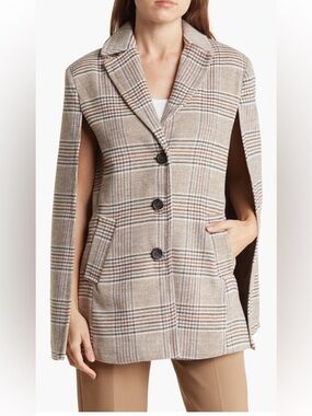 Plaid Cape Coat in Beige Plaid